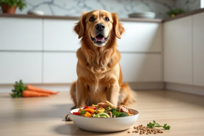 Chien golden retriever devant un bol de nourriture fraîche naturelle dans une cuisine moderne, illustrant l'alimentation saine pour chien