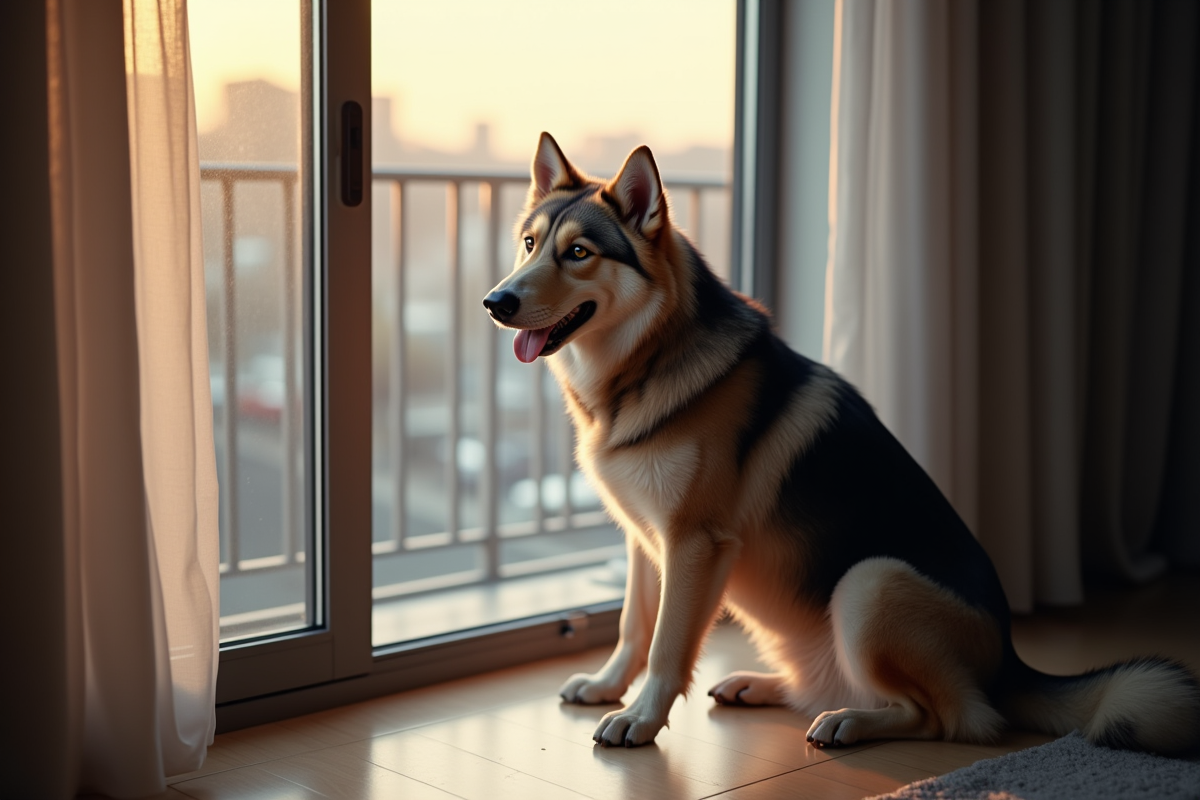 Chien attentif près de la porte du balcon dans un appartement