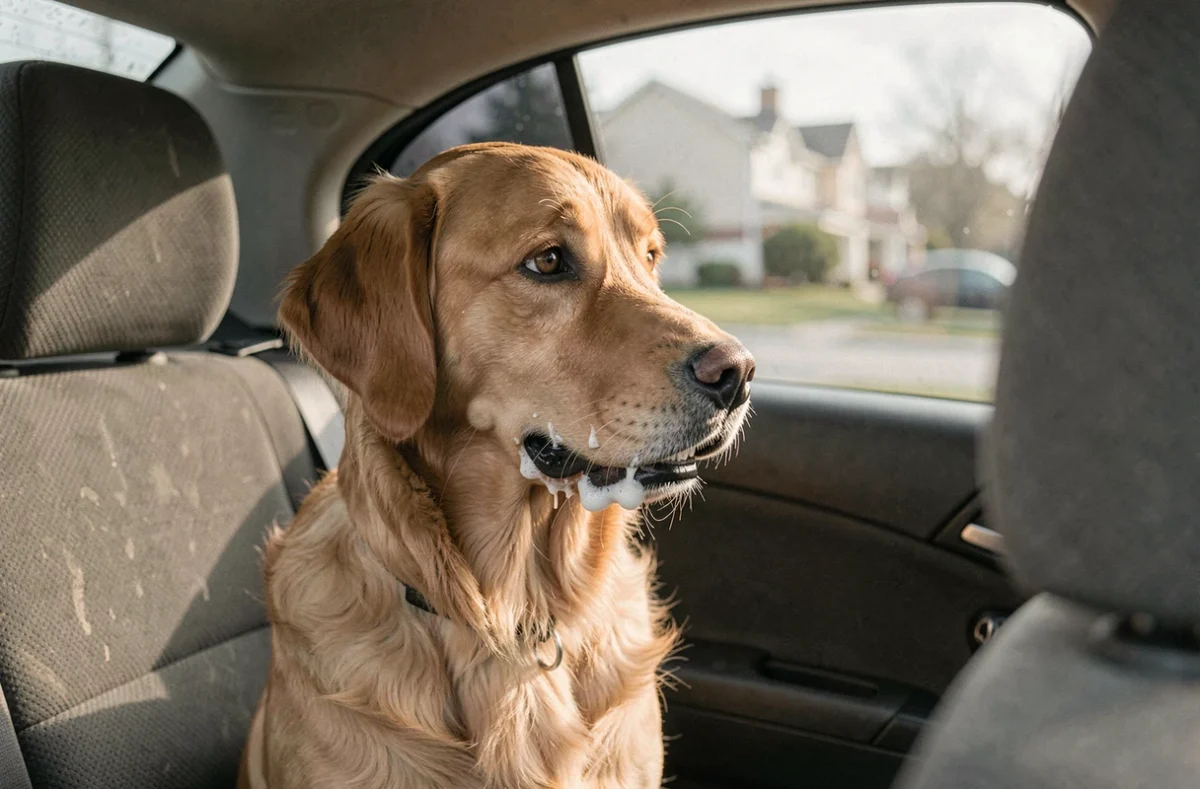 Chien golden retriever bavant une mousse blanche dans le siège arrière d'une voiture, signe de mal des transports