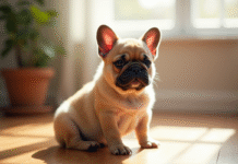 Bouledogue français fluffy sur un sol en bois en lumière naturelle