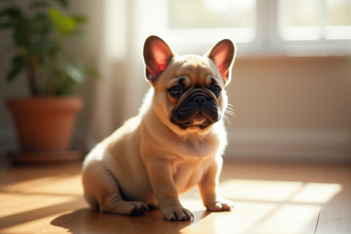 Bouledogue français fluffy sur un sol en bois en lumière naturelle