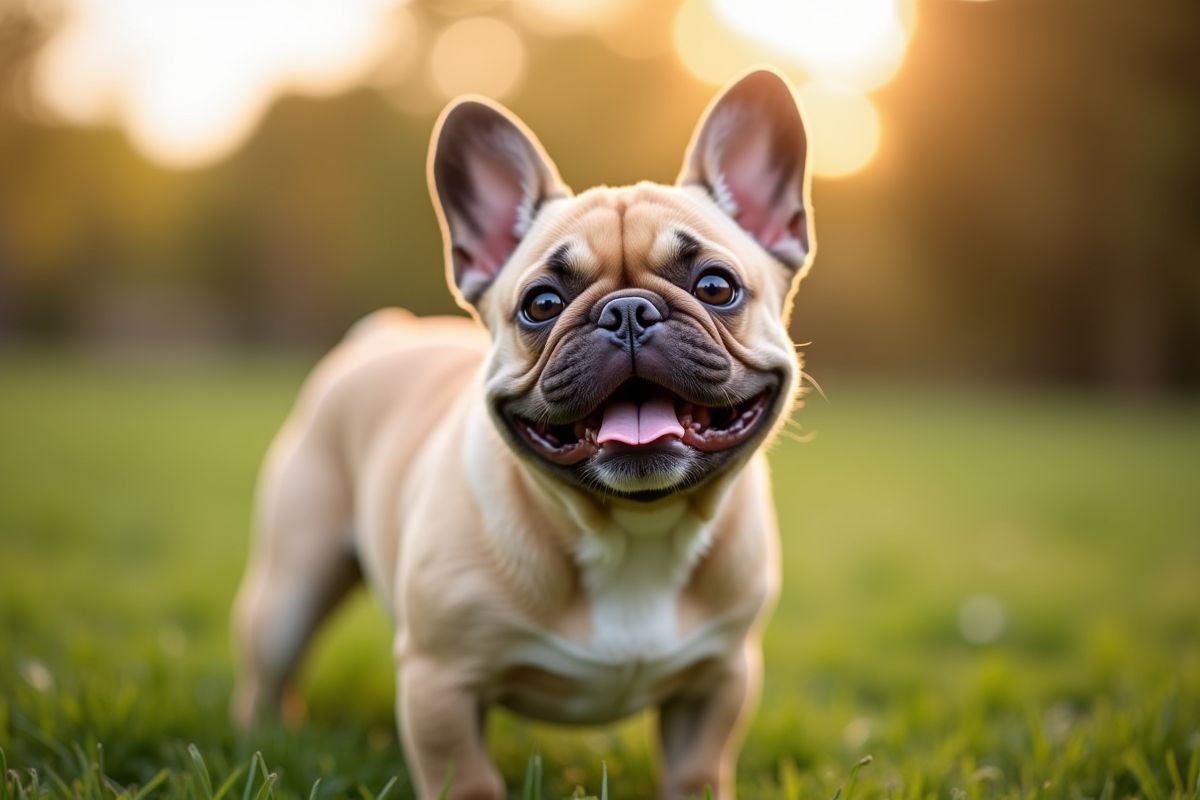 Bouledogue français dans un parc en plein air en lumière dorée