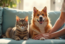 Chien heureux et chat détendu sur un canapé en salon lumineux