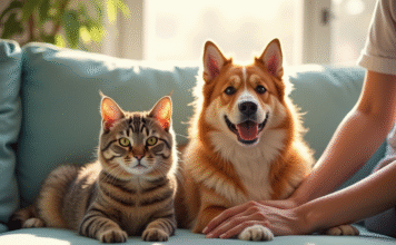 Assurance animaux : pourquoi et comment choisir la meilleure mutuelle pour son animal ? Chien heureux et chat détendu sur un canapé en salon lumineux