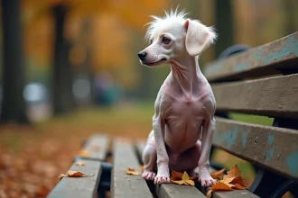 Chien chinois à crête sans poils assis sur un banc de parc en automne, regard alerte et curieux