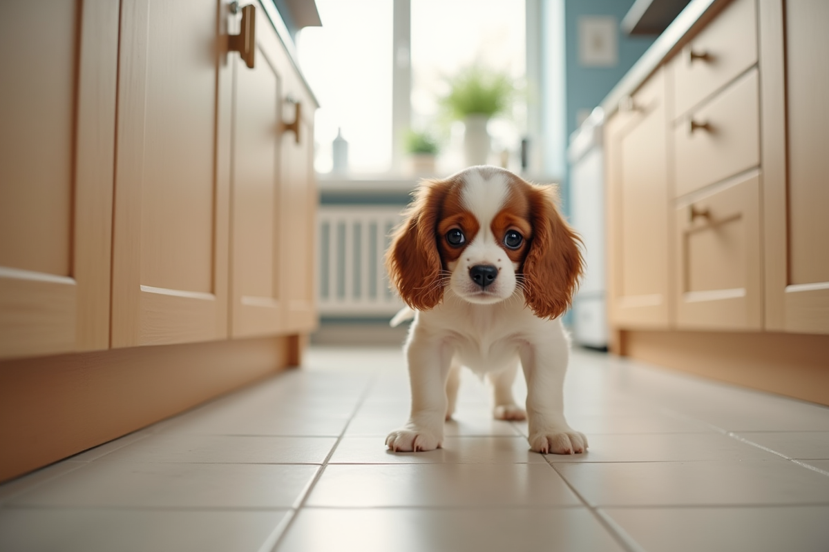 Chiot cavalier explore cuisine moderne securisee