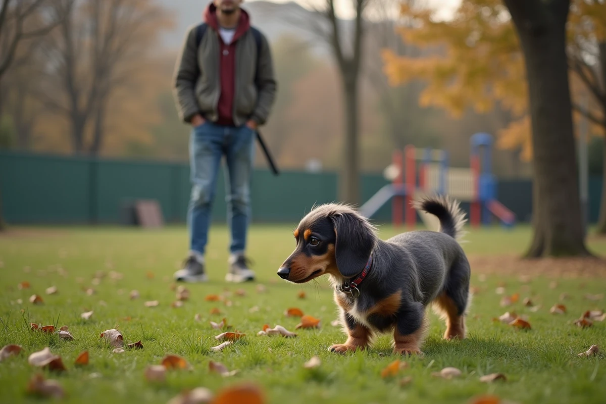 Chien miniature dachshund inquiet dans un parc avec un jeune homme