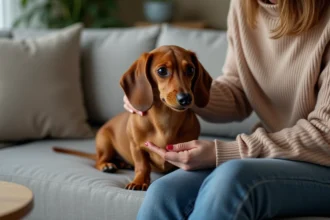 Chien miniature dachshund assis sur un canapé moderne avec une femme