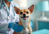 Chihuahua heureux examiné par un vétérinaire dans une clinique lumineuse
