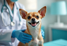 Chihuahua heureux examiné par un vétérinaire dans une clinique lumineuse