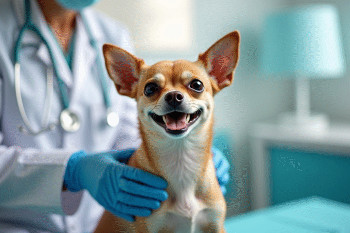 Chihuahua heureux examiné par un vétérinaire dans une clinique lumineuse