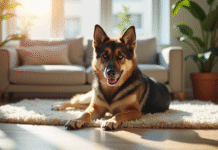 Chien berger allemand husky allongé dans un appartement lumineux