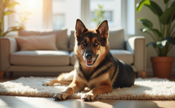 Comment le Berger Allemand croisé Husky s’adapte-t-il à la vie en appartement ? Chien berger allemand husky allongé dans un appartement lumineux