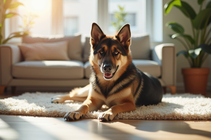 Chien berger allemand husky allongé dans un appartement lumineux