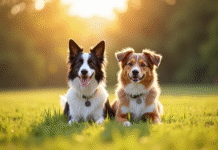 Chien mix Border Collie et Australian Shepherd dans un champ ensoleille