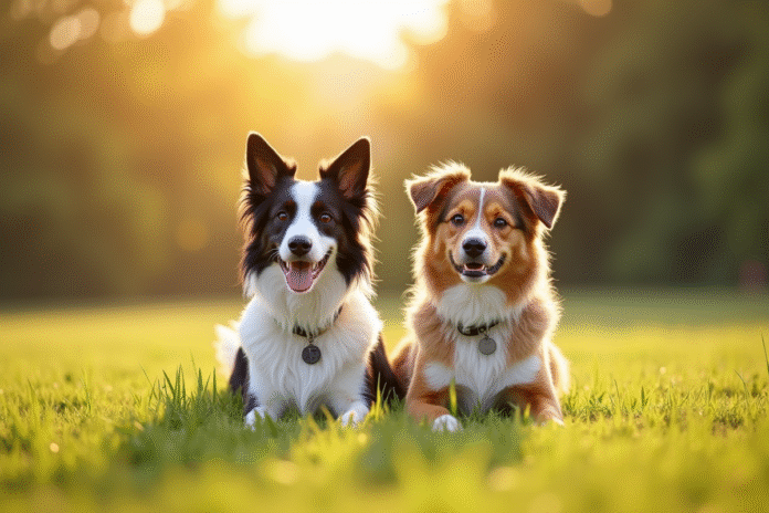 Chien mix Border Collie et Australian Shepherd dans un champ ensoleille