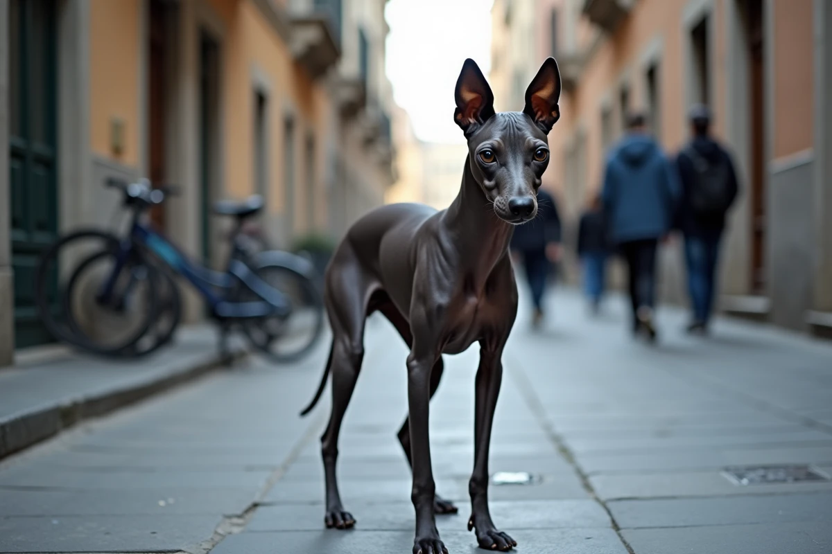 Chien nu du Pérou aux reflets gris foncé debout sur un trottoir pavé en pleine ville, regard direct et expressif