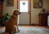 Chien en vacances : que ressent-il quand vous partez ? Golden retriever assis sur le tapis de la maison en attente