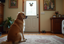 Chien en vacances : que ressent-il quand vous partez ? Golden retriever assis sur le tapis de la maison en attente