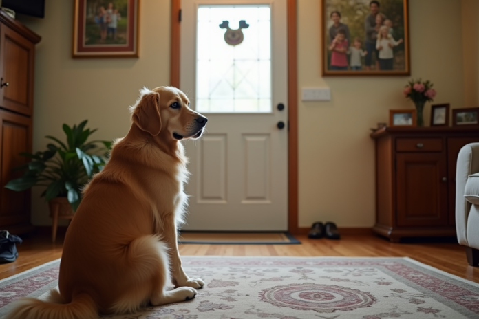chien-retriever-attente-maison Golden retriever assis sur le tapis de la maison en attente