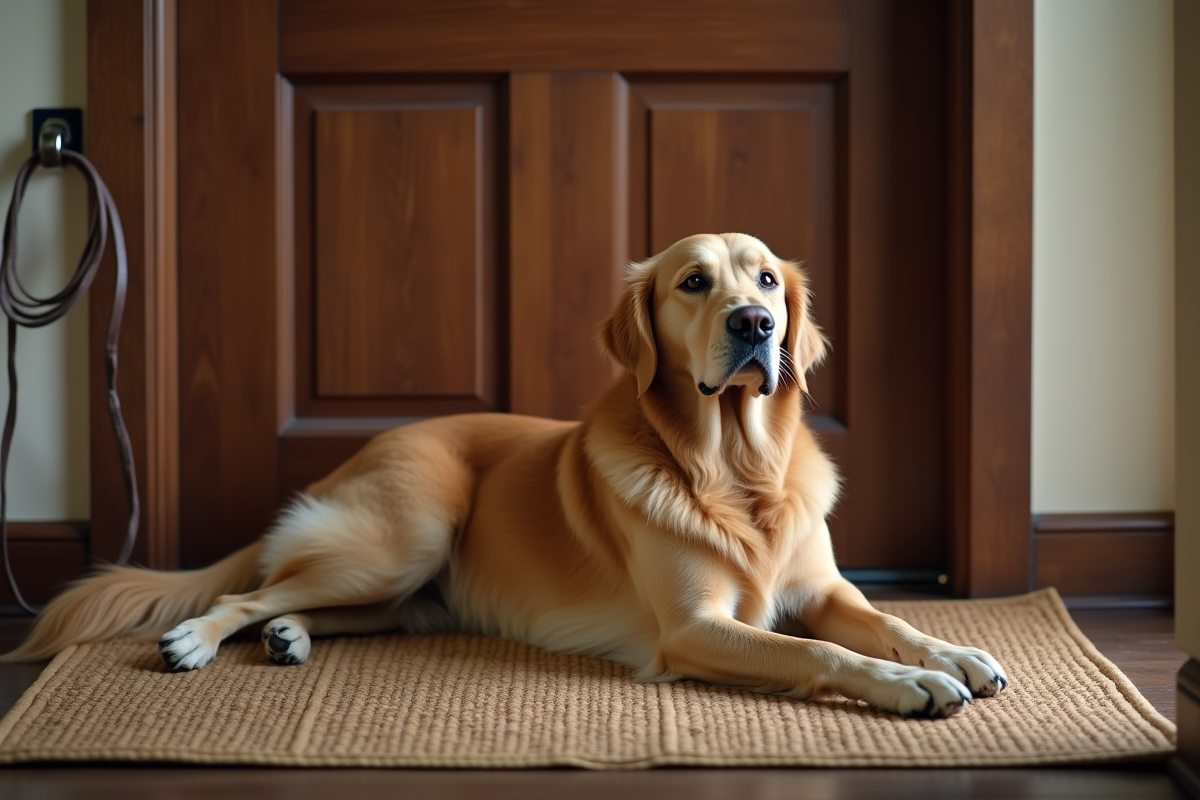 Chien golden retriever âgé attendant près de la porte d