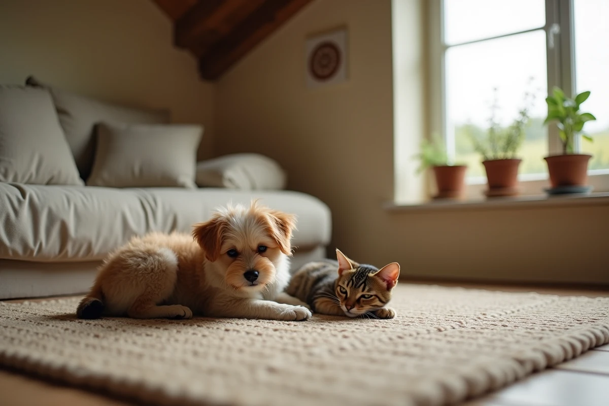 Petit chien sociable vivant en harmonie avec un chat dans une maison rurale de Gironde