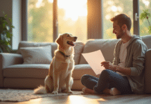 Chien heureux assis à côté de son propriétaire dans un salon lumineux