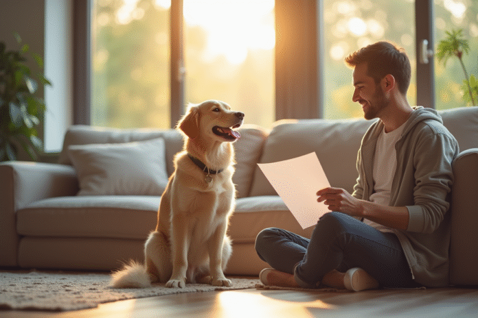 Chien heureux assis à côté de son propriétaire dans un salon lumineux