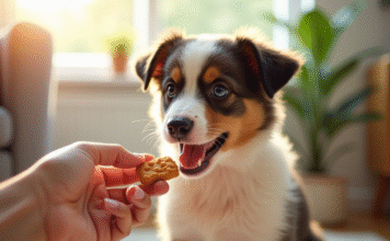 L’importance d’une éducation positive pour les chiots Bergers Australiens Chiot Australian Shepherd dans un salon ensoleille