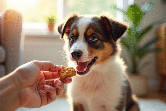 Chiot Australian Shepherd dans un salon ensoleille