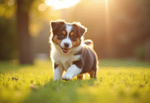 Chiot australian shepherd jouant dans le jardin ensoleille