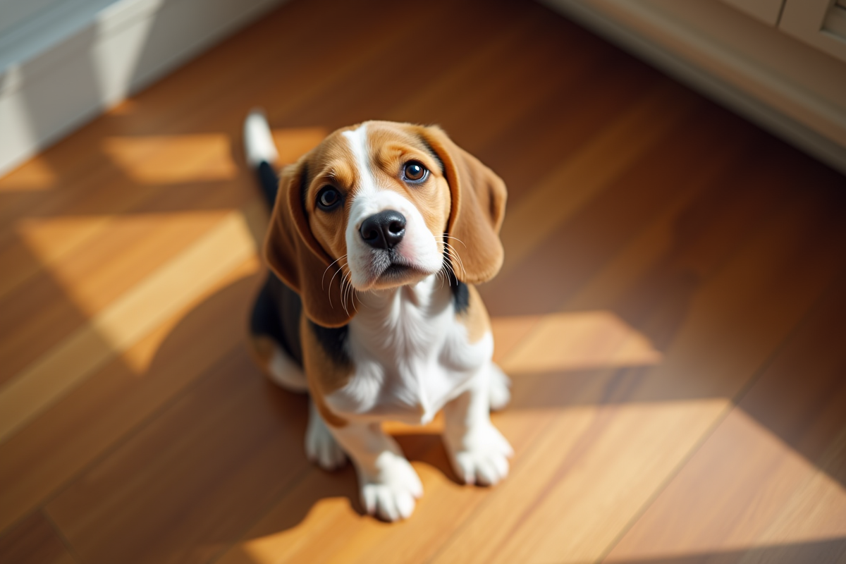 Chiot beagle assis sur un sol en bois intérieur