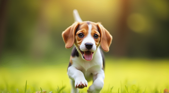 Chiot beagle courant dans un parc ensoleille