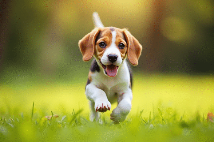 Chiot beagle courant dans un parc ensoleille