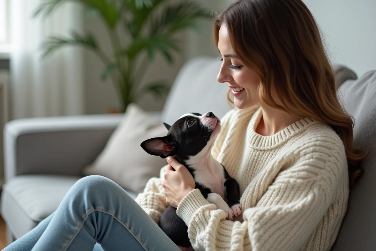 Chiot Boston Terrier de huit semaines tenu dans les bras d'une femme souriante sur un canapé gris, scène d'adoption chaleureuse