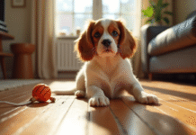 Chiot cavalier king charles sur sol en bois ensoleille