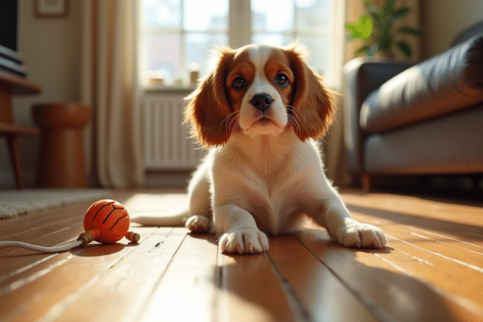 Chiot cavalier king charles sur sol en bois ensoleille