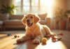 Chiot golden retriever assis dans le salon ensoleille