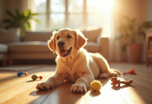 Chiot golden retriever assis dans le salon ensoleille