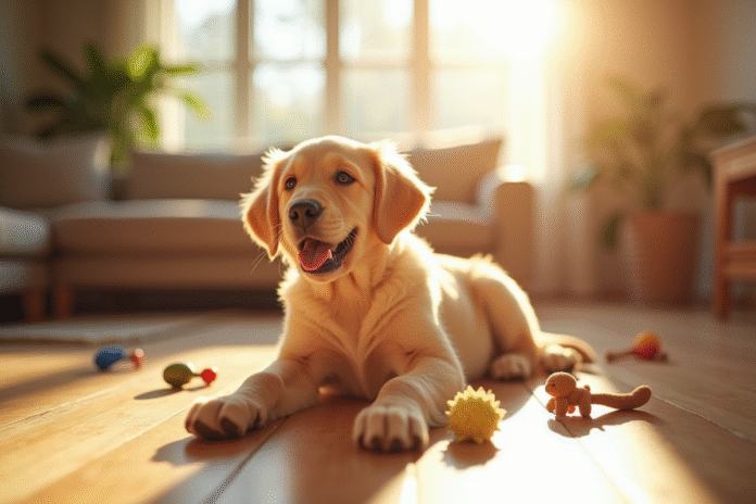 Chiot golden retriever assis dans le salon ensoleille