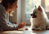 Jeune chiot keeshond assis attentivement à l'intérieur avec une femme