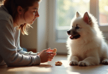 Jeune chiot keeshond assis attentivement à l'intérieur avec une femme