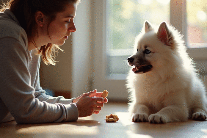 Jeune chiot keeshond assis attentivement à l'intérieur avec une femme