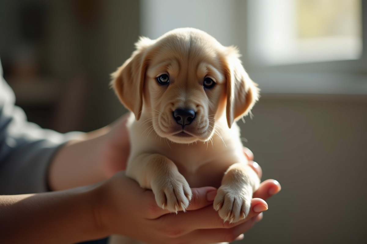 Chiot labrador retriever tenu dans les mains en interieur