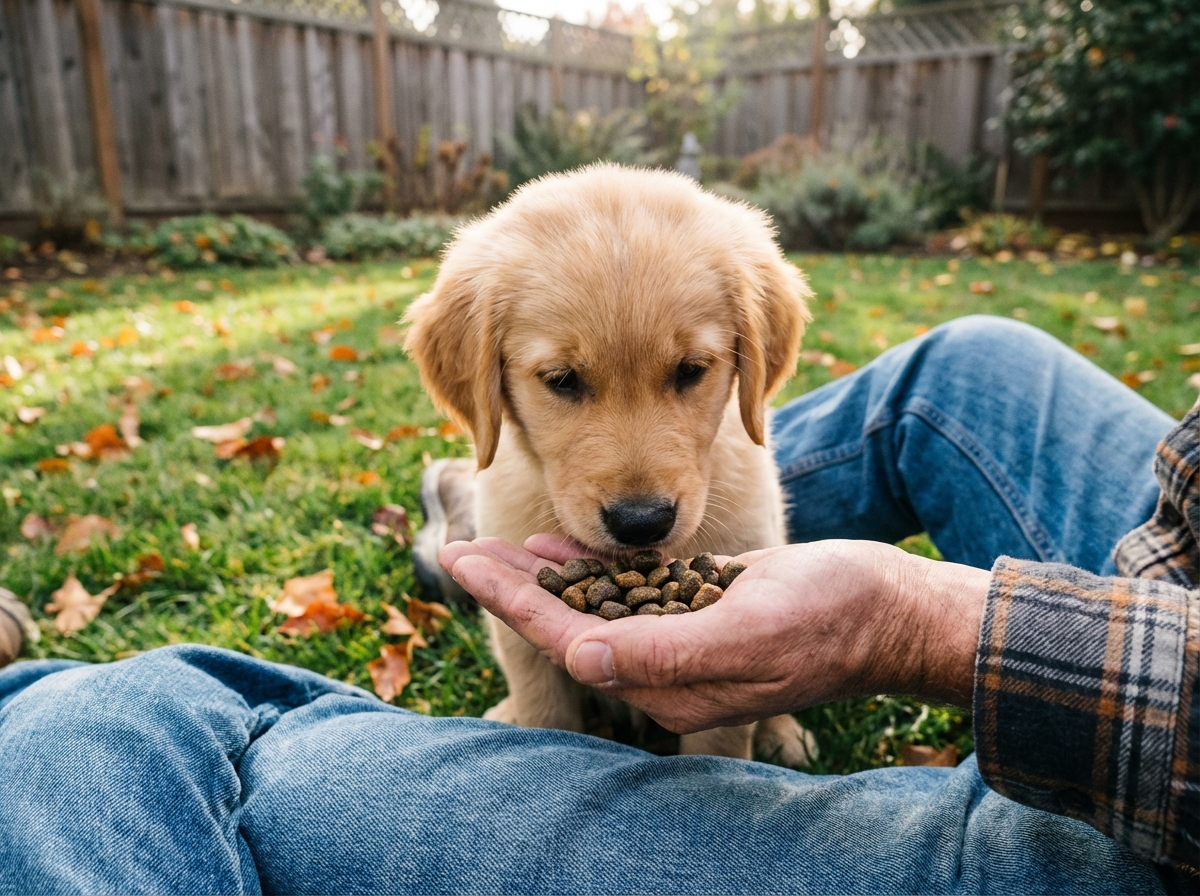 Chiot curieux reniflant des croquettes dans le jardin