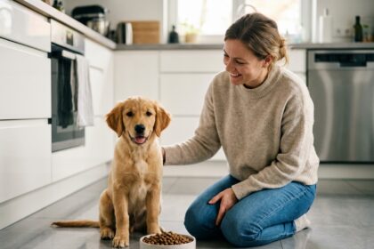Jeune chiot souriant avec sa maîtresse dans la cuisine