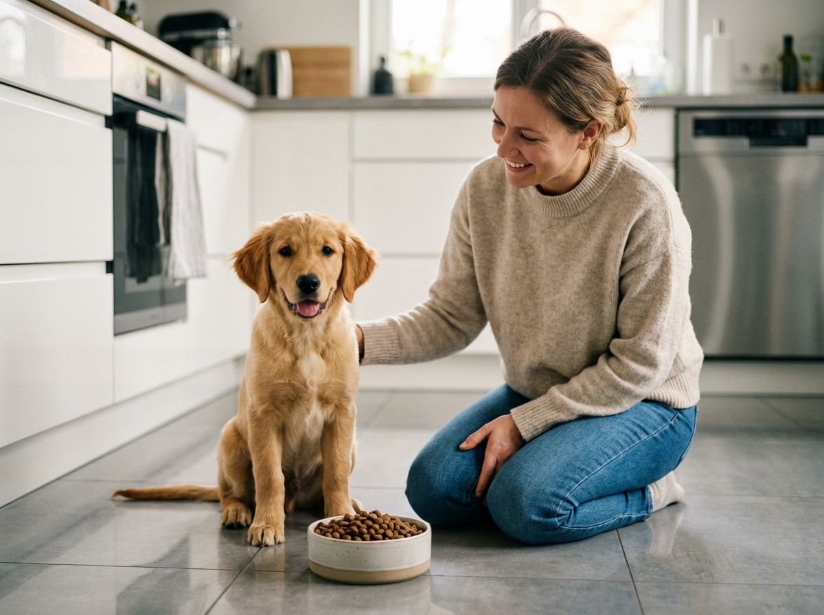 Jeune chiot souriant avec sa maîtresse dans la cuisine
