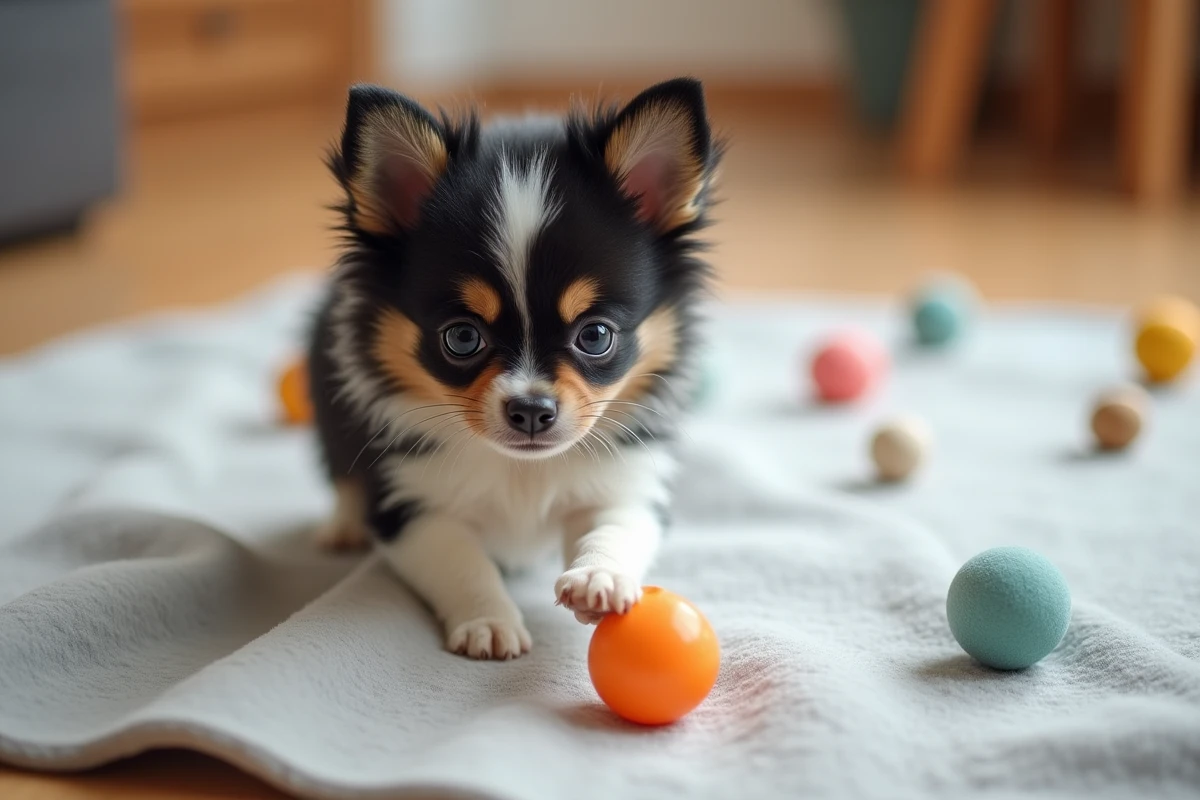 Chiot croisé Spitz chiwawa au pelage noir et blanc jouant avec des jouets sur un plaid gris dans un intérieur moderne