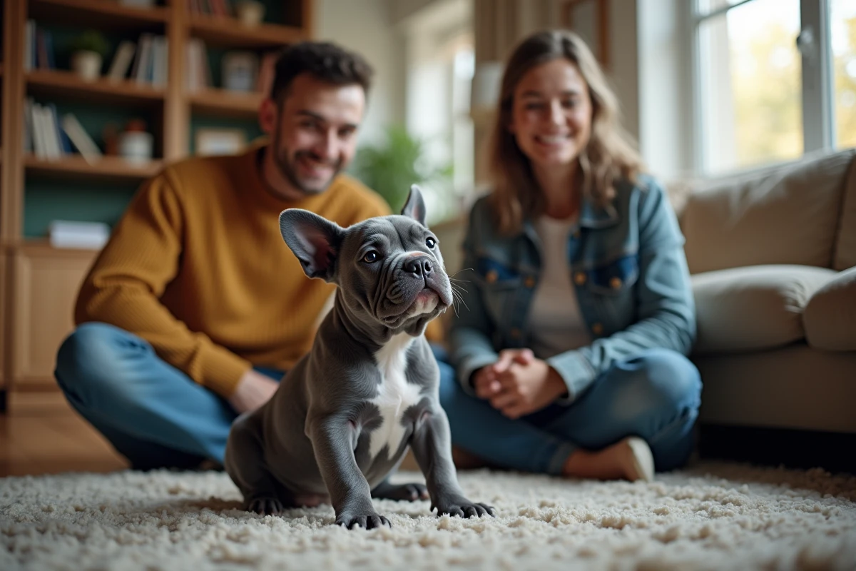 Chiot Staffie Bleu avec un couple dans un salon, moment de découverte et de choix familial