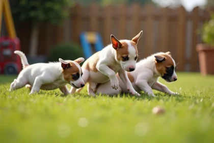 Jeune portée de chiots bull terrier joueurs dans un jardin ensoleille
